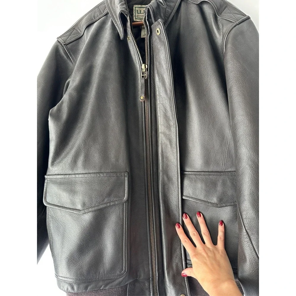 LL Bean Mens Brown Goatskin Leather A-2 Bomber Flight Jacket Size L Tall